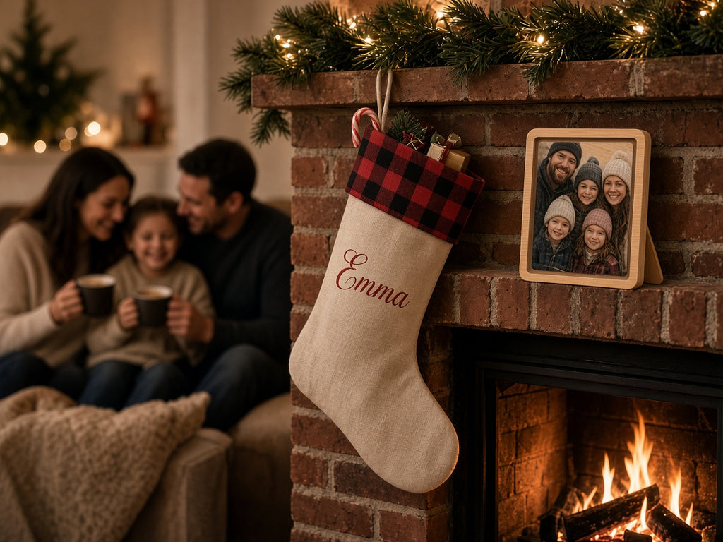 Personalized buffalo check name stocking hanging by the fireplace