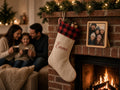 Personalized buffalo check name stocking hanging by the fireplace