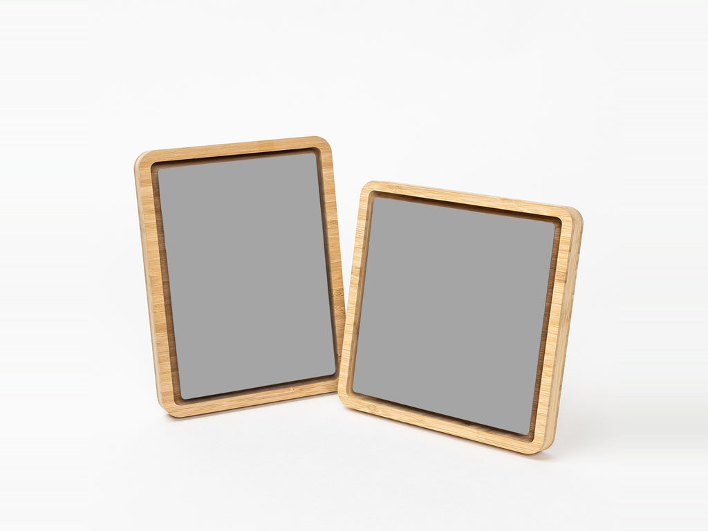 Natural bamboo tabletop frame with soft rounded corners and a magnetic front for a 5x7 metal print