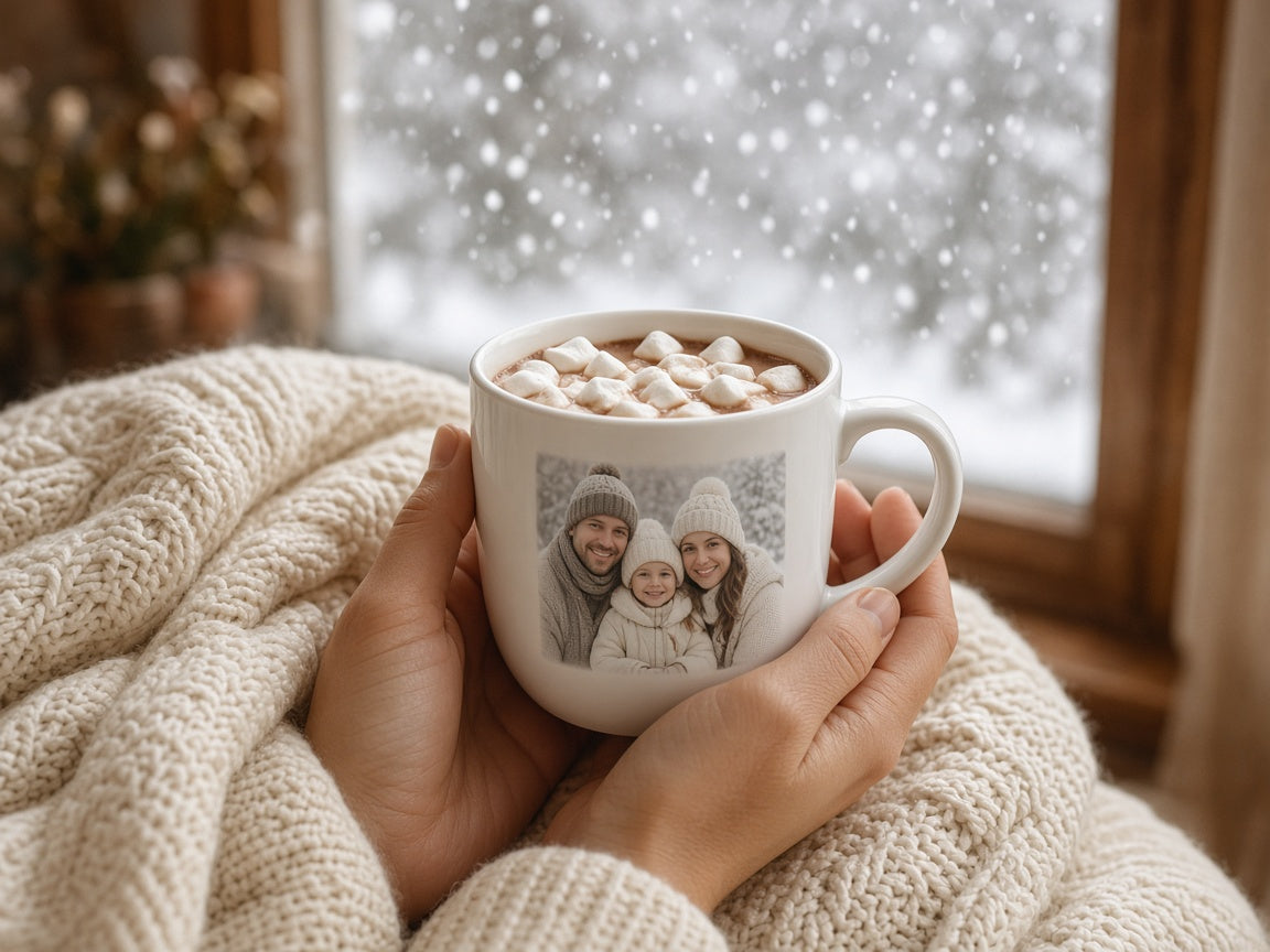 White family photo mug of cocoa with marshmallows by a snowy window