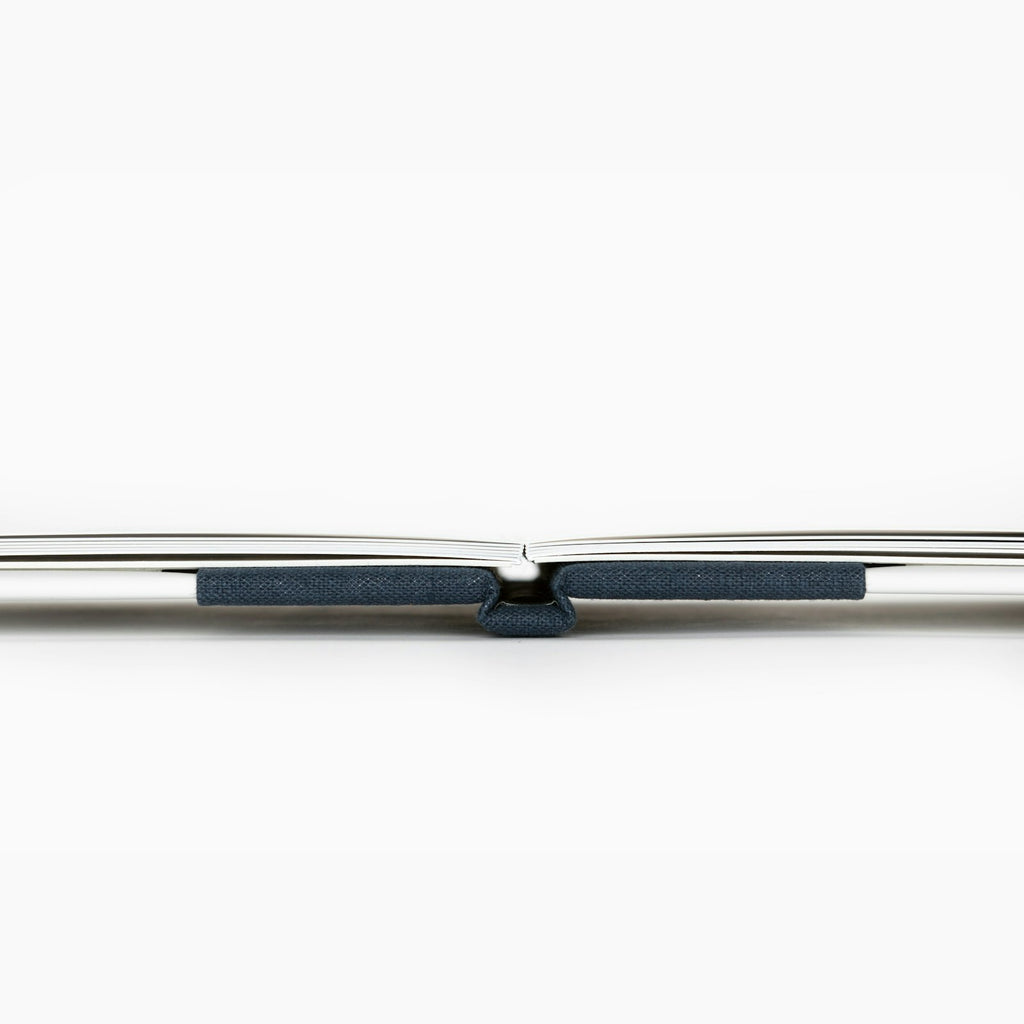 Side view of a layflat book lying completely flat at the spine
