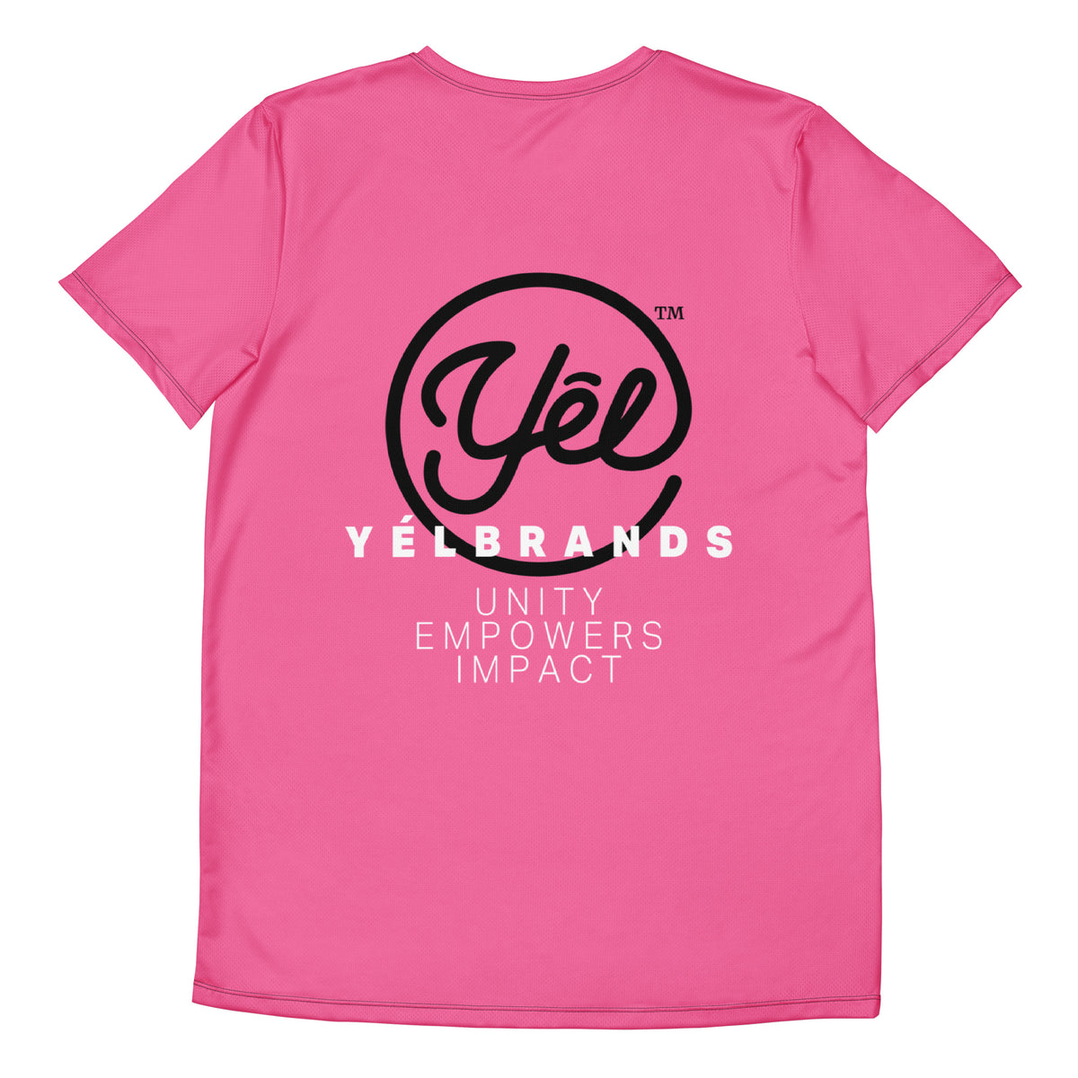 Yelbrands pink athletic tee, back with Yêl logo and Unity Empowers Impact