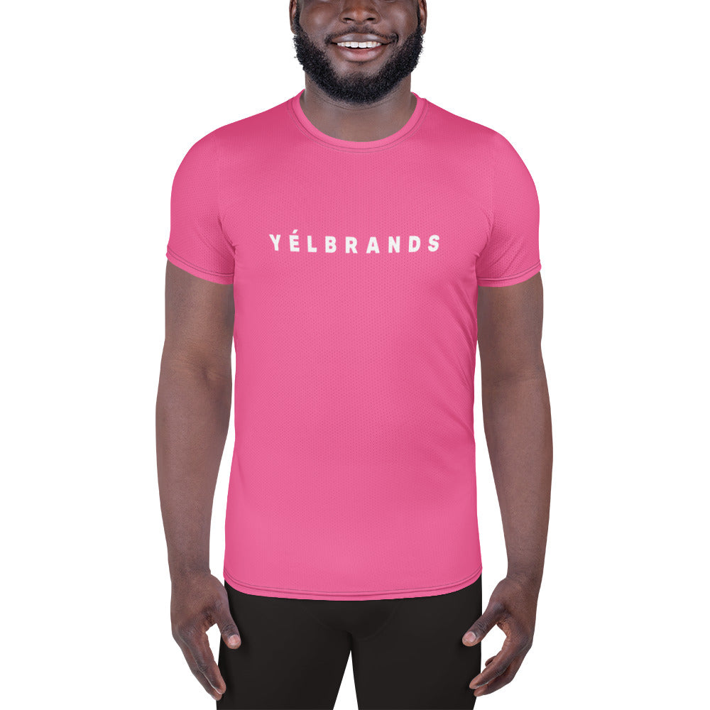 Model wearing the Yelbrands pink athletic tee