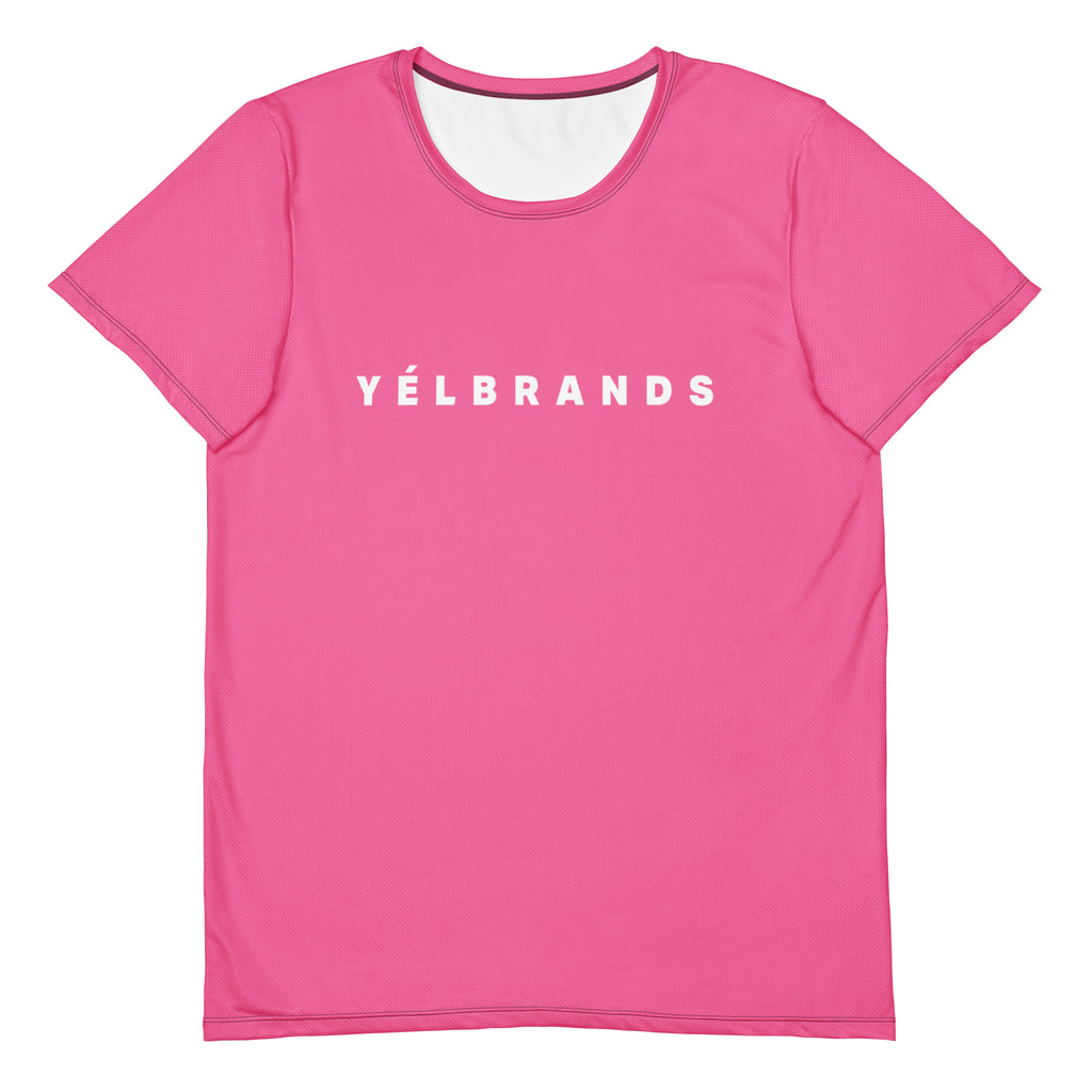 Yelbrands pink athletic tee, front with YÉLBRANDS wordmark