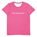 Yelbrands pink athletic tee, front with YÉLBRANDS wordmark