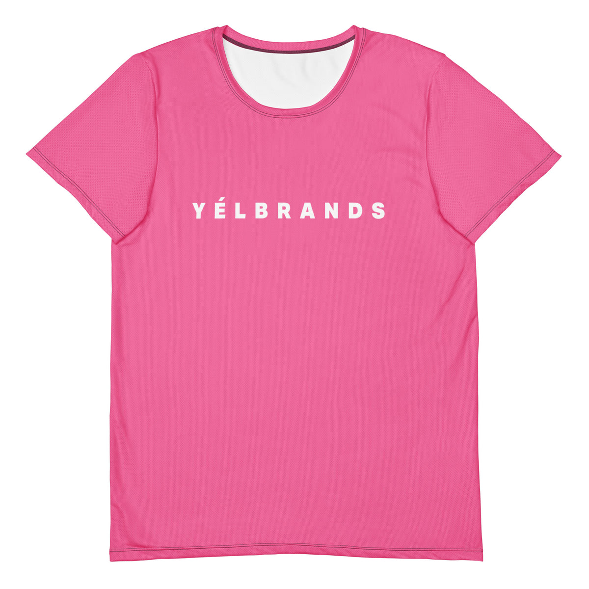 Yelbrands pink athletic tee, front with YÉLBRANDS wordmark