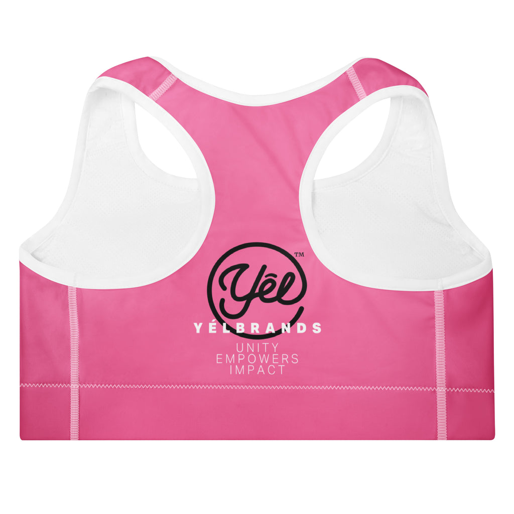Yelbrands pink padded sports bra, back with Yêl logo and Unity Empowers Impact
