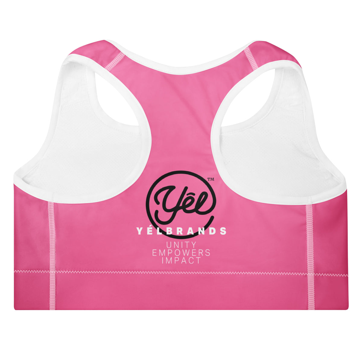 Yelbrands pink padded sports bra, back with Yêl logo and Unity Empowers Impact