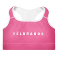 Yelbrands pink padded sports bra, front with YÉLBRANDS wordmark