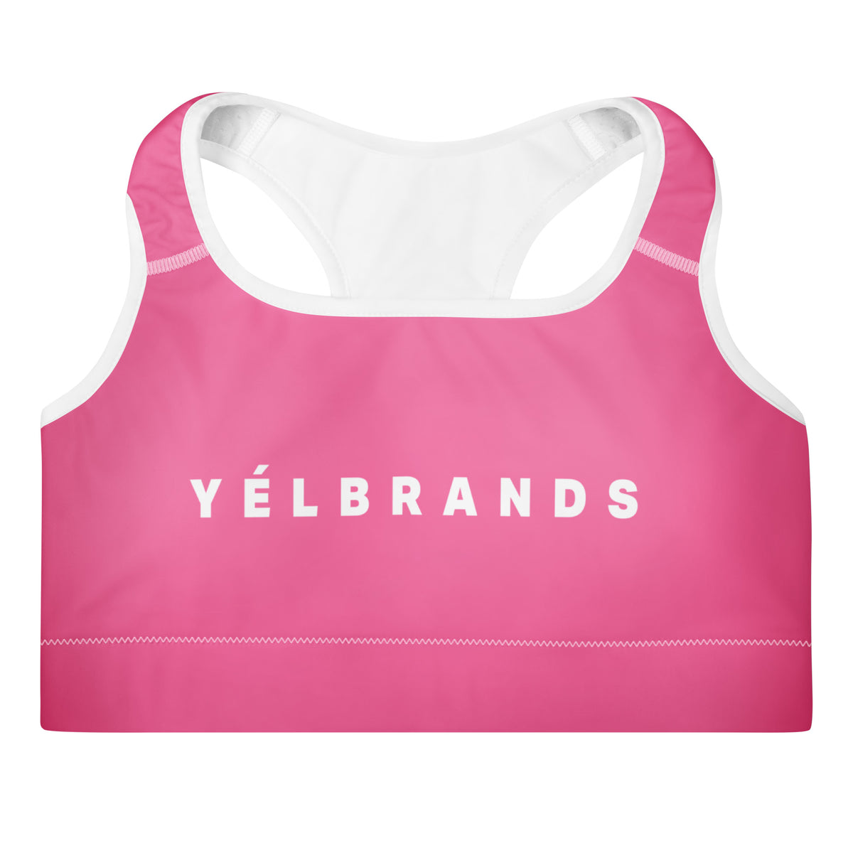 Yelbrands pink padded sports bra, front with YÉLBRANDS wordmark
