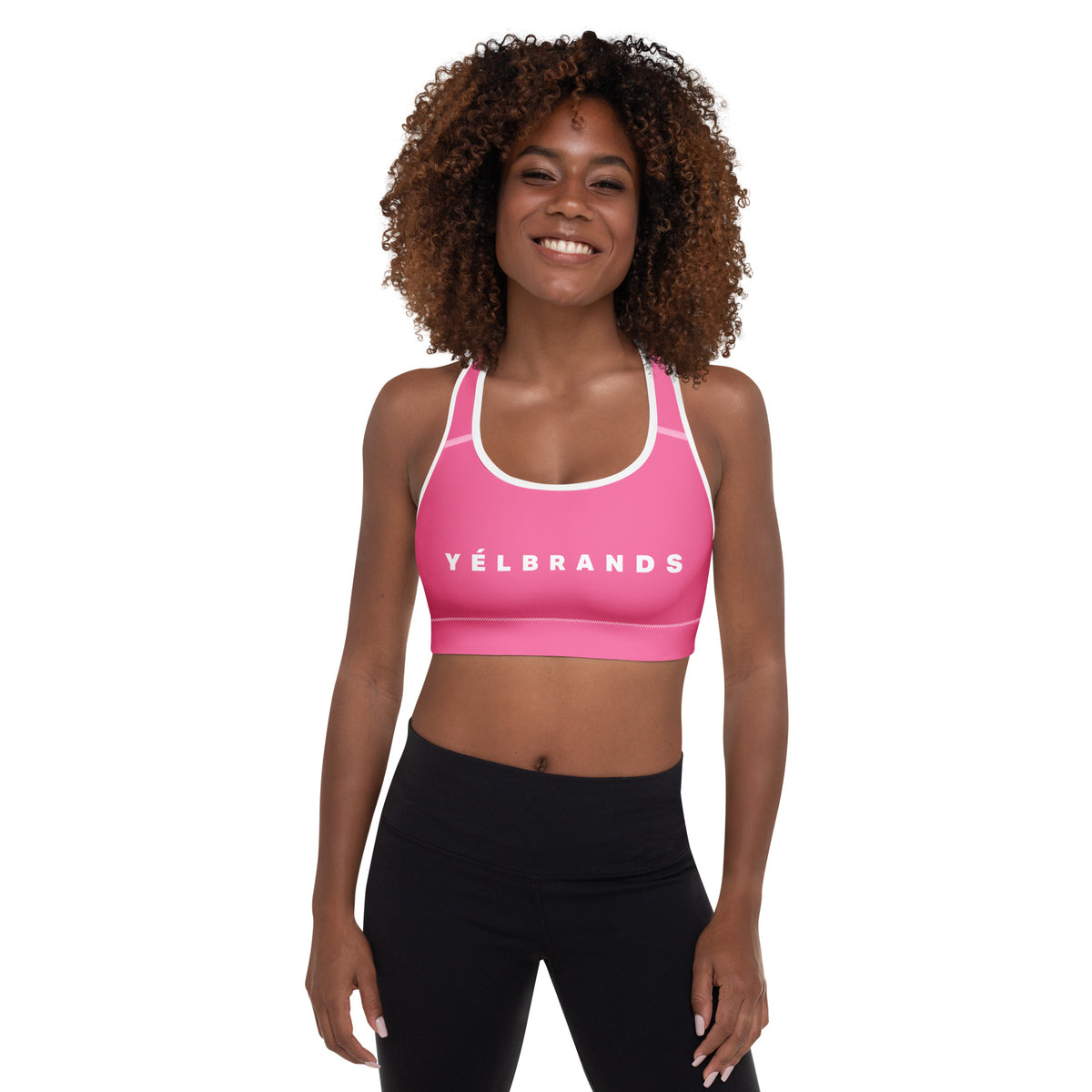 Model wearing the Yelbrands pink padded sports bra