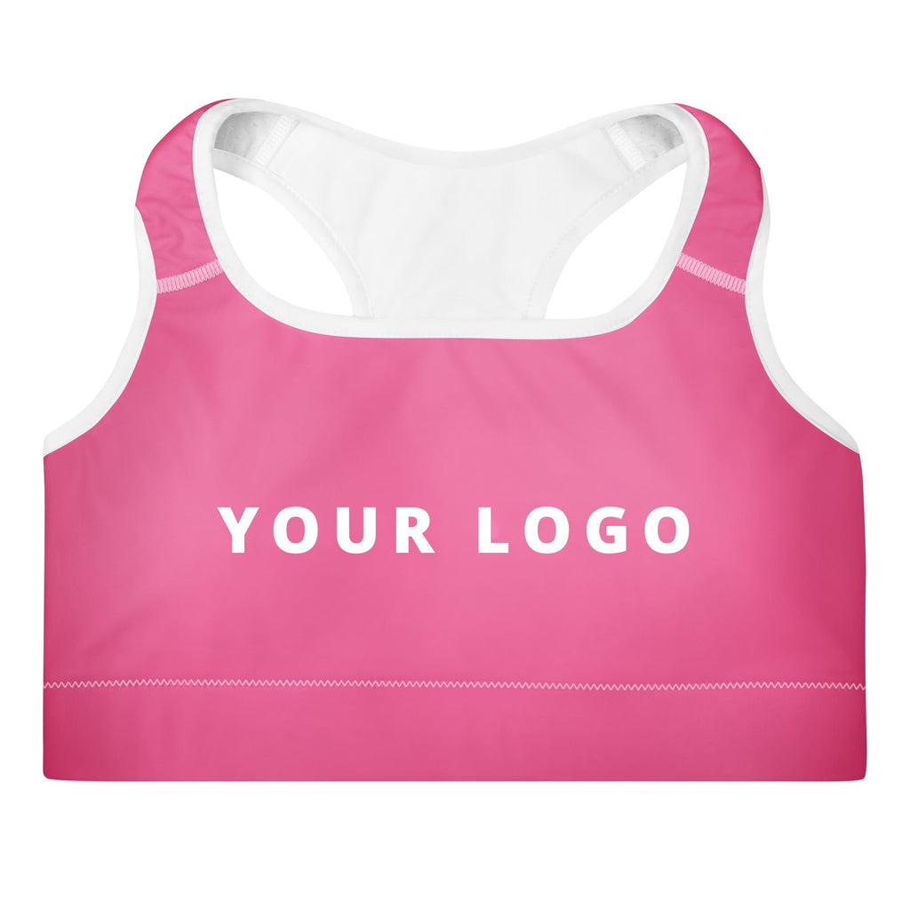 Pink padded sports bra with YOUR LOGO on the front, customizable with your own logo