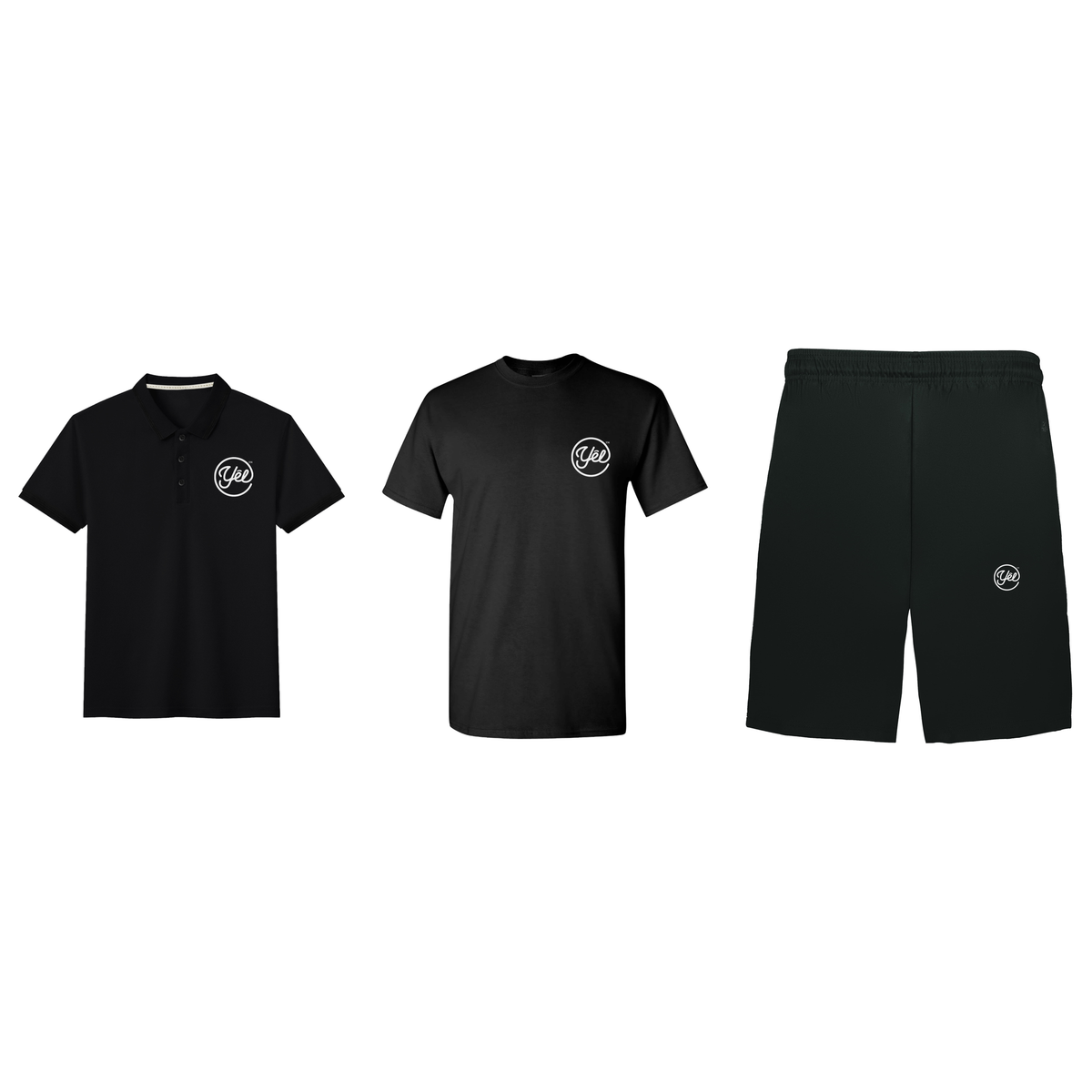 Event Staff Uniform Kit: black performance polo, tee and shorts with Yelbrands logo