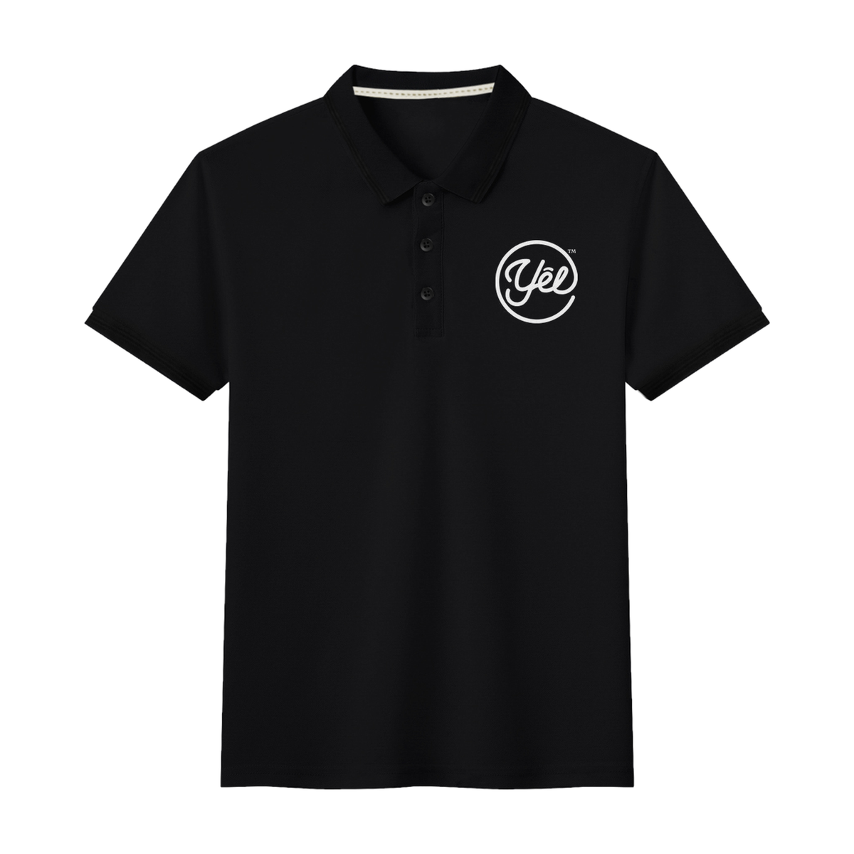 Black performance polo with Yelbrands logo
