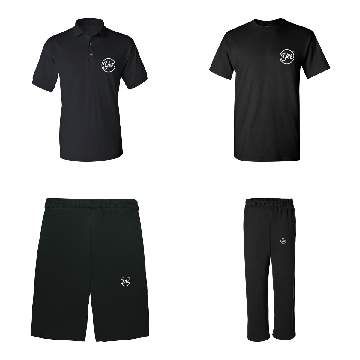 Event Staff Uniform Kit: black polo, tee, shorts and fleece pants with Yelbrands logo