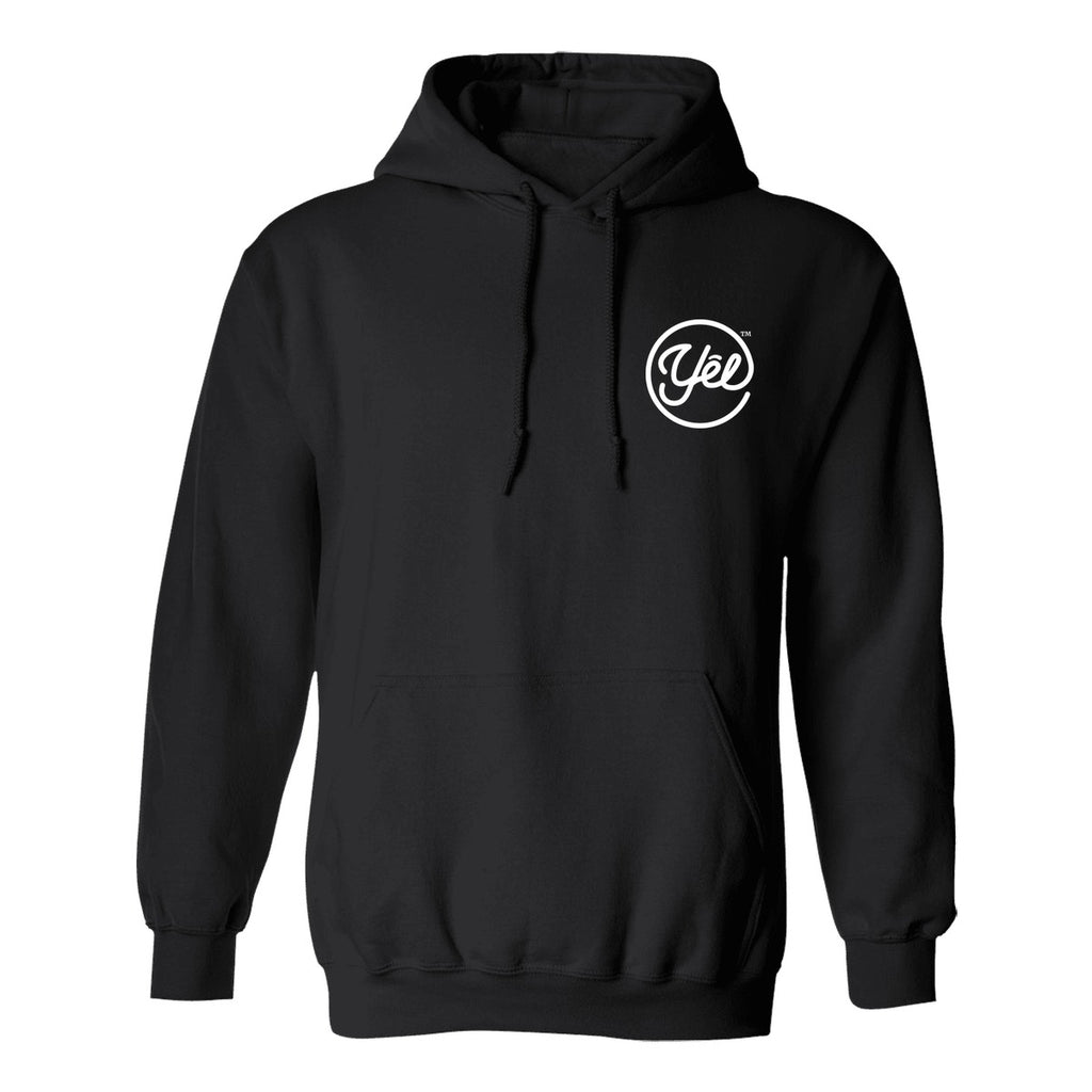 Gildan Heavy Blend Hoodie (18500) in Black with white Yelbrands logo on left chest