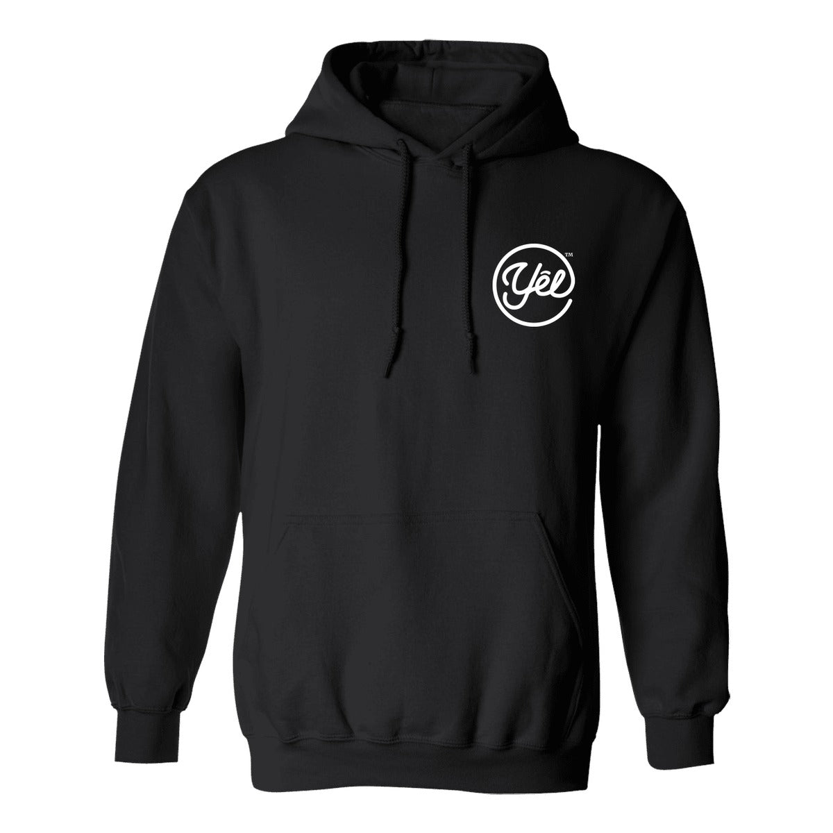 Gildan Heavy Blend Hoodie (18500) in Black with white Yelbrands logo on left chest