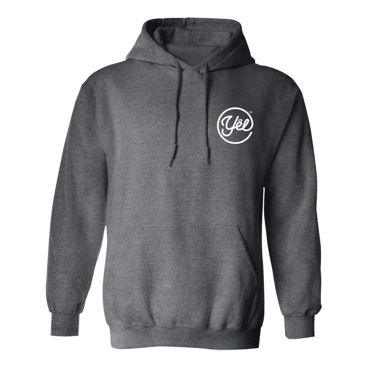 Gildan Heavy Blend Hoodie (18500) in Dark Heather with white Yelbrands logo on left chest