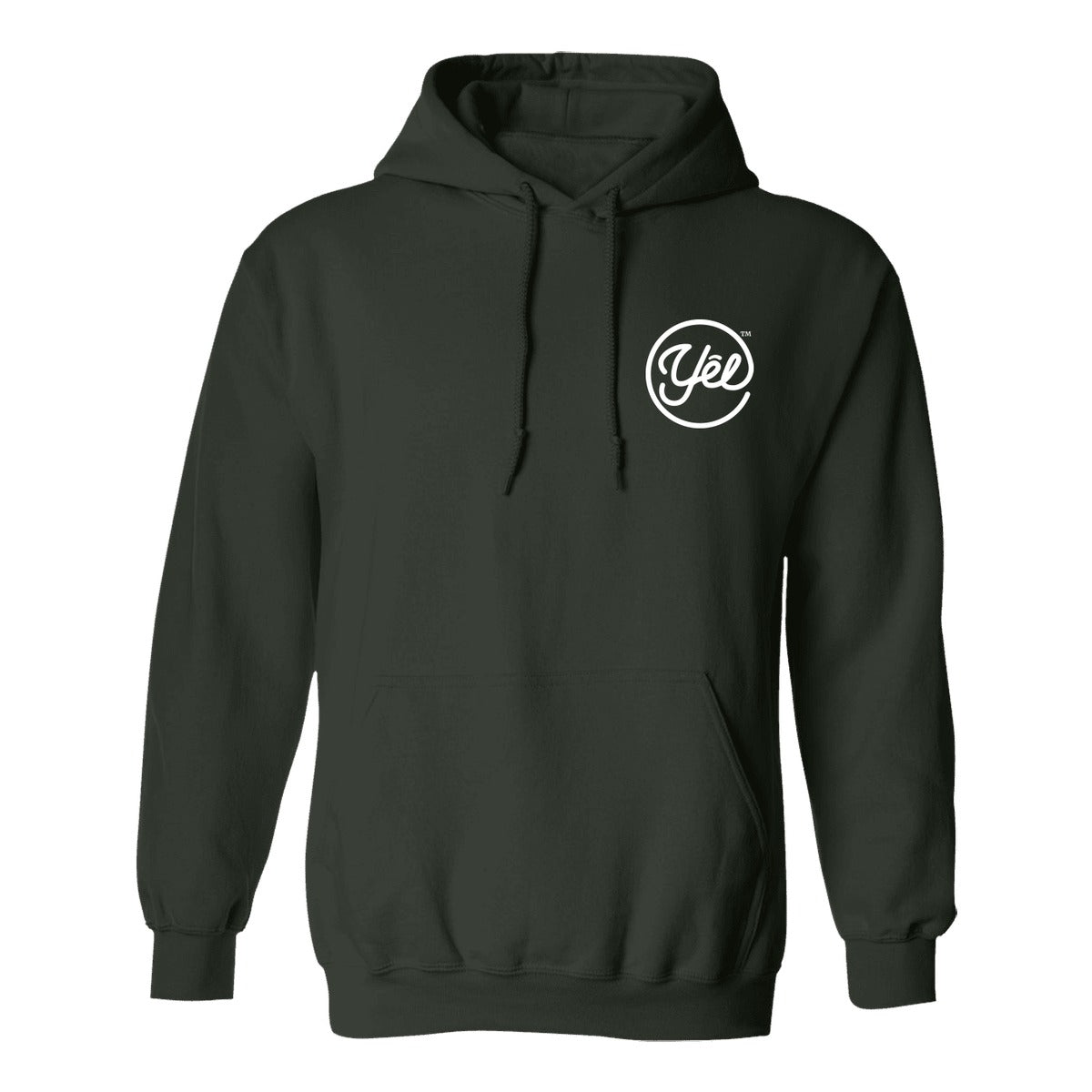 Gildan Heavy Blend Hoodie (18500) in Forest Green with white Yelbrands logo on left chest