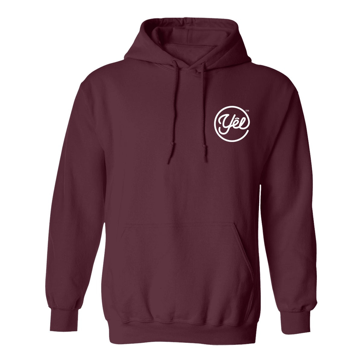Gildan Heavy Blend Hoodie (18500) in Maroon with white Yelbrands logo on left chest
