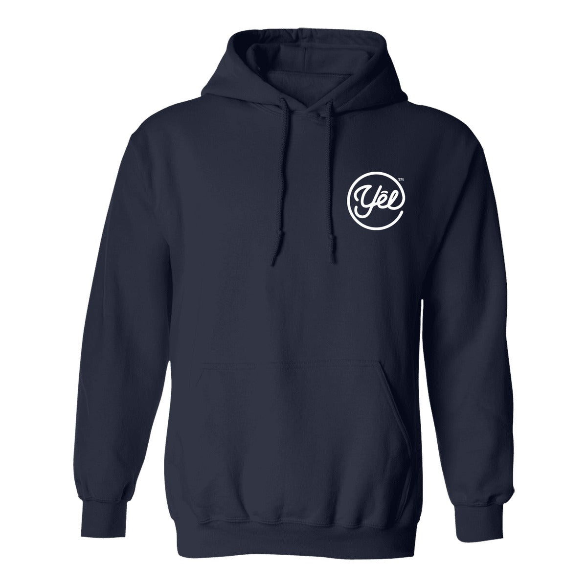 Gildan Heavy Blend Hoodie (18500) in Navy with white Yelbrands logo on left chest