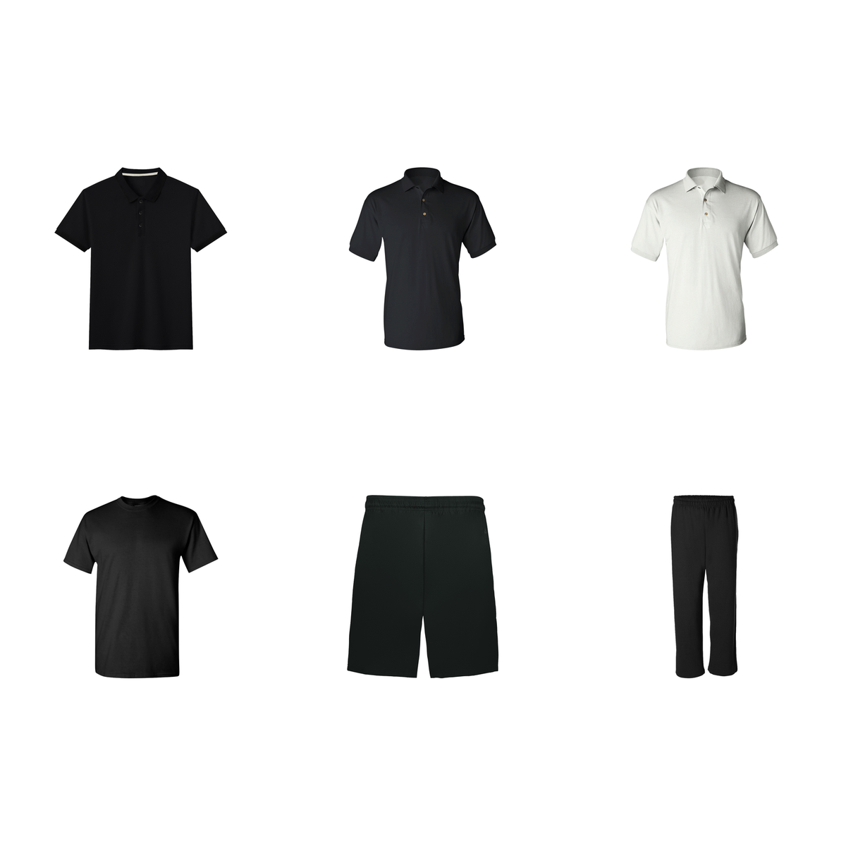 Gig worker kit with polos, tee, shorts and fleece pants