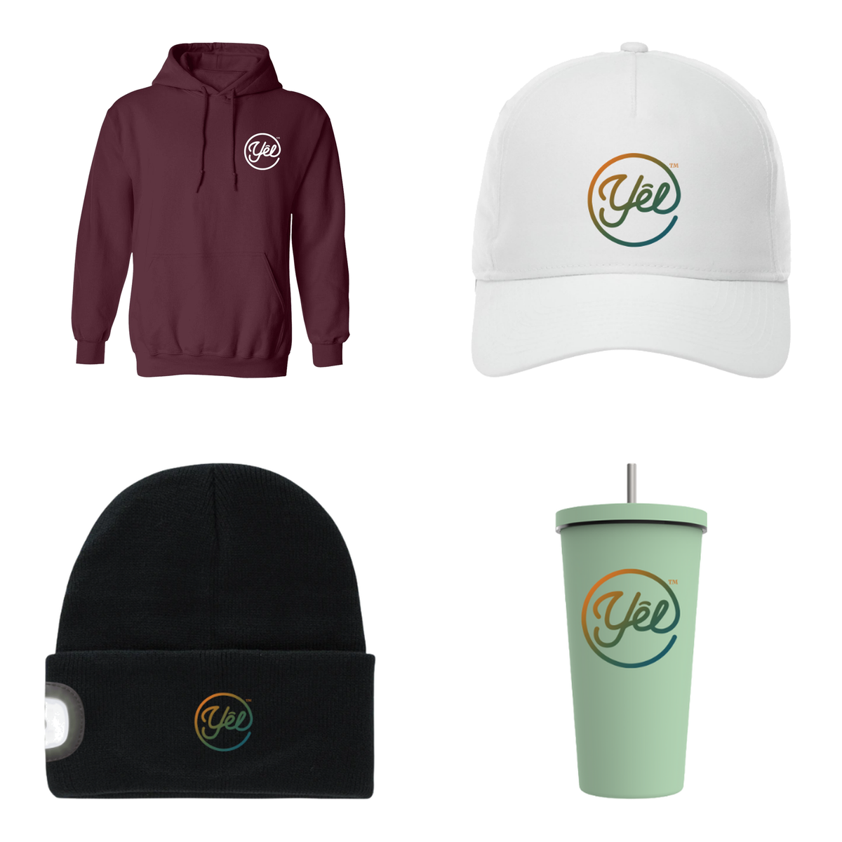 Employee Hoodie Gift Set: maroon hoodie, white cap, black LED beanie, mint tumbler