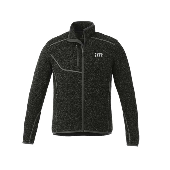 Men's TREMBLANT Sweater Knit Full Zip Jacket with Thumb Holes in Black Smoke Heather with YOUR LOGO, customizable with your own logo