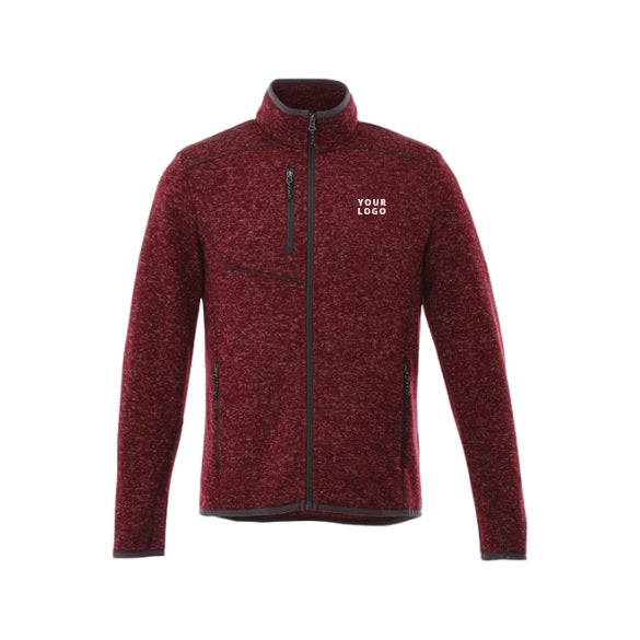 Men's TREMBLANT Sweater Knit Full Zip Jacket with Thumb Holes in Maroon with YOUR LOGO, customizable with your own logo