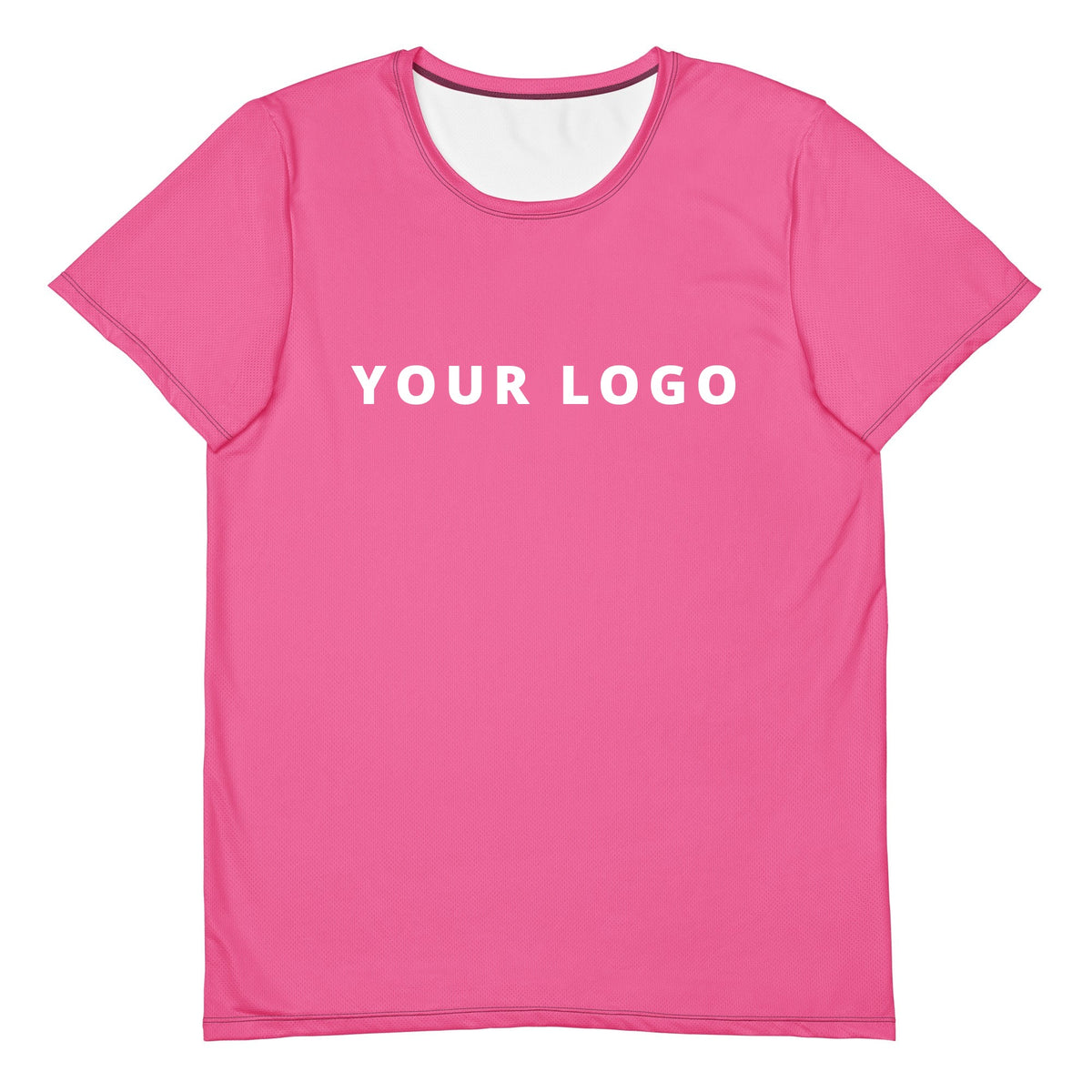 Pink athletic tee with YOUR LOGO on the front, customizable with your own logo