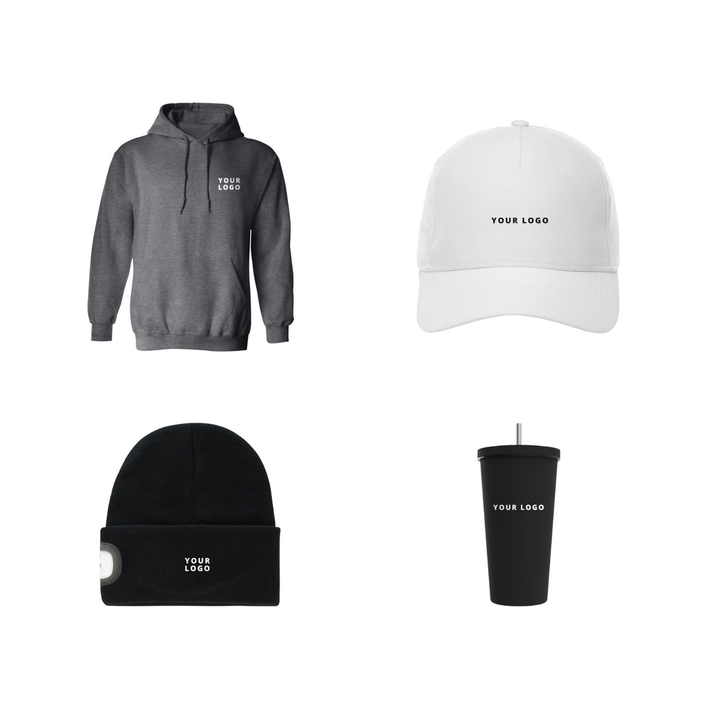Employee hoodie gift box with Dark Heather hoodie, cap, beanie and tumbler
