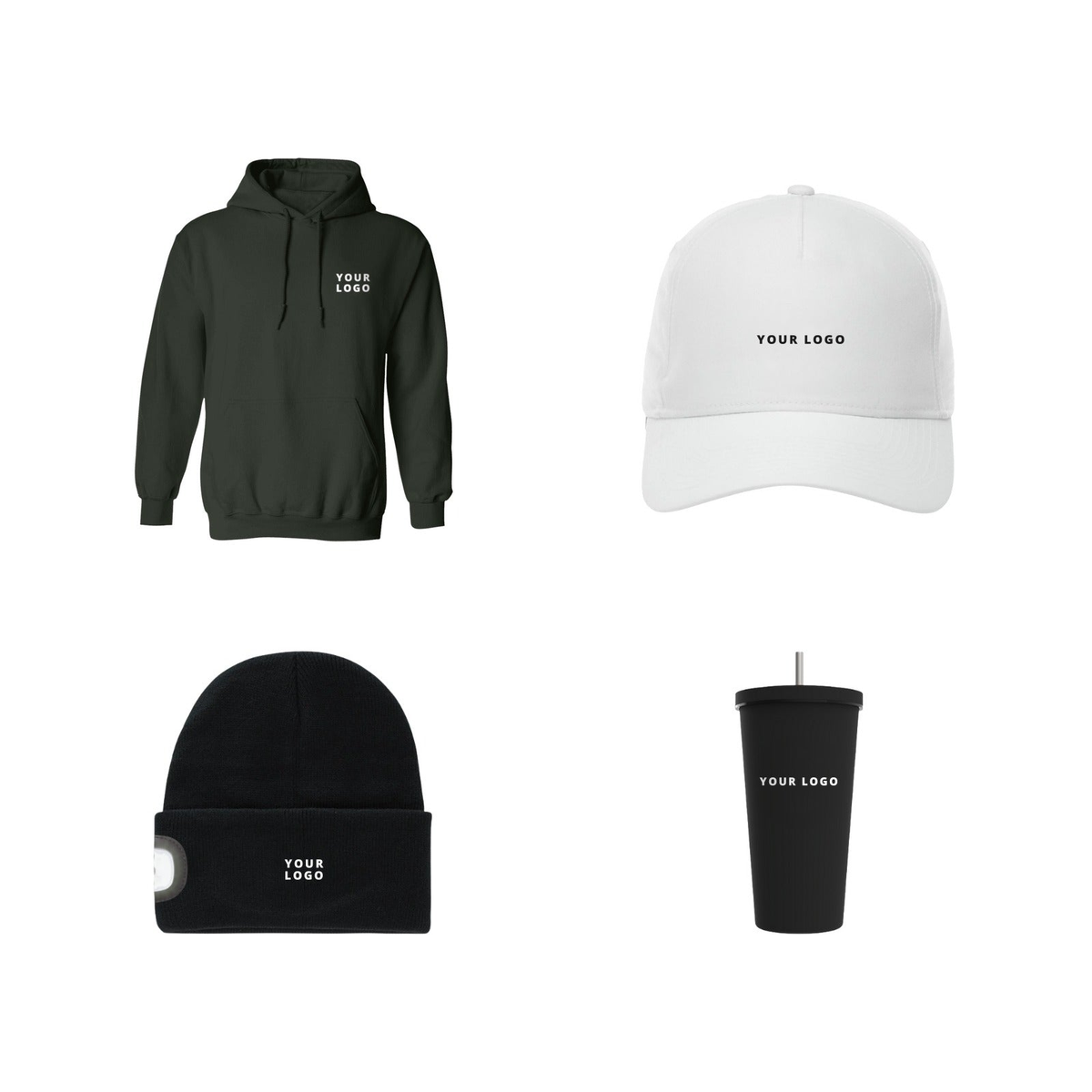 Employee hoodie gift box with Forest Green hoodie, cap, beanie and tumbler