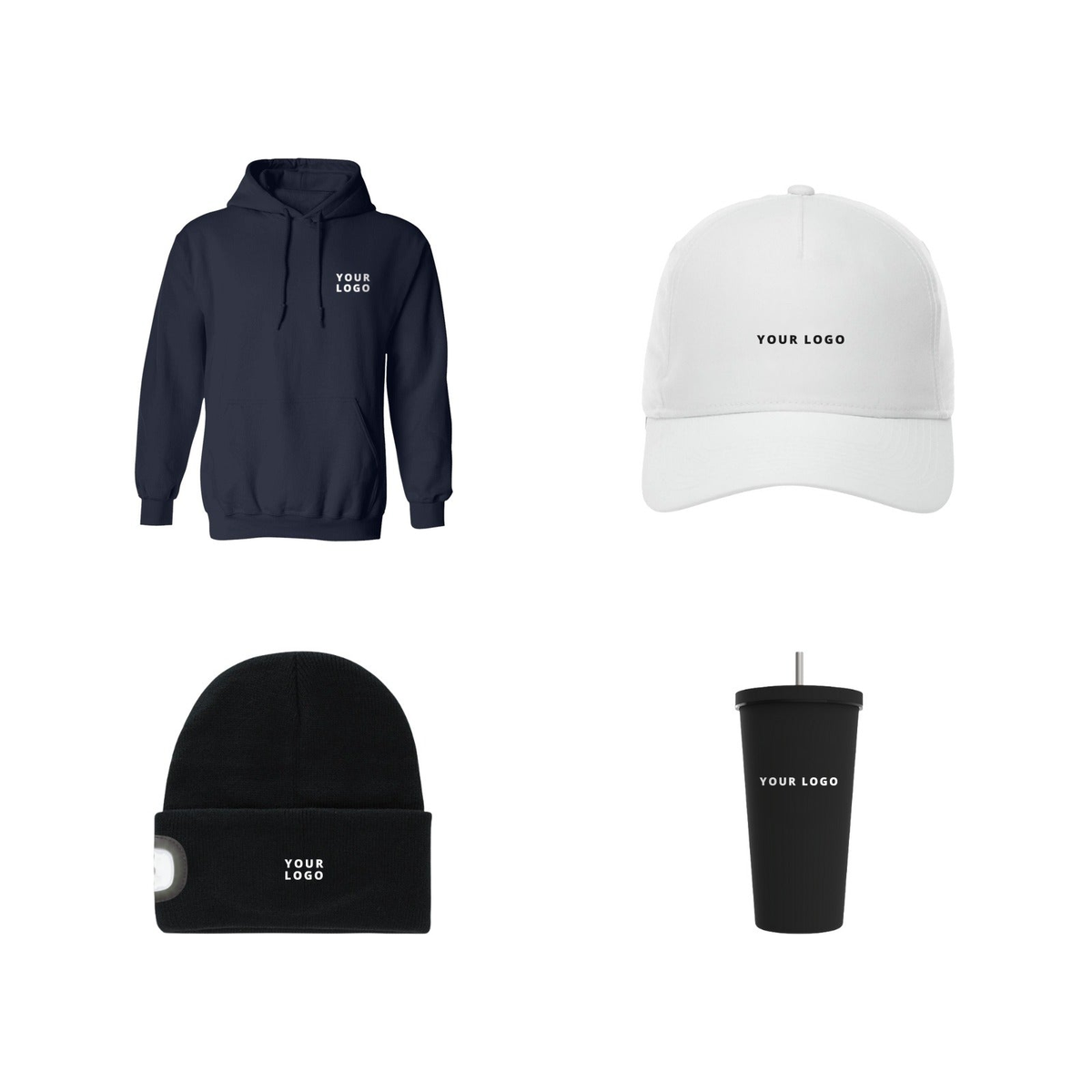 Employee hoodie gift box with Navy hoodie, cap, beanie and tumbler