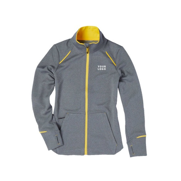 Women's TAMARACK Full Zip Performance Jacket with Thumb Holes in Heather Charcoal/Yellow with YOUR LOGO, customizable with your own logo